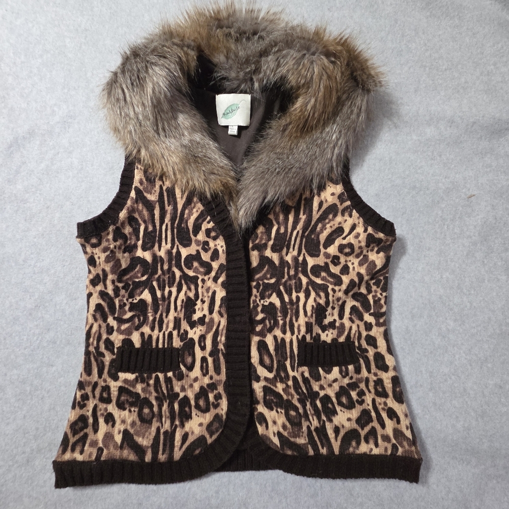 Nurture Vest Womens Size Large Leopard Print Wool Faux Fur Trim